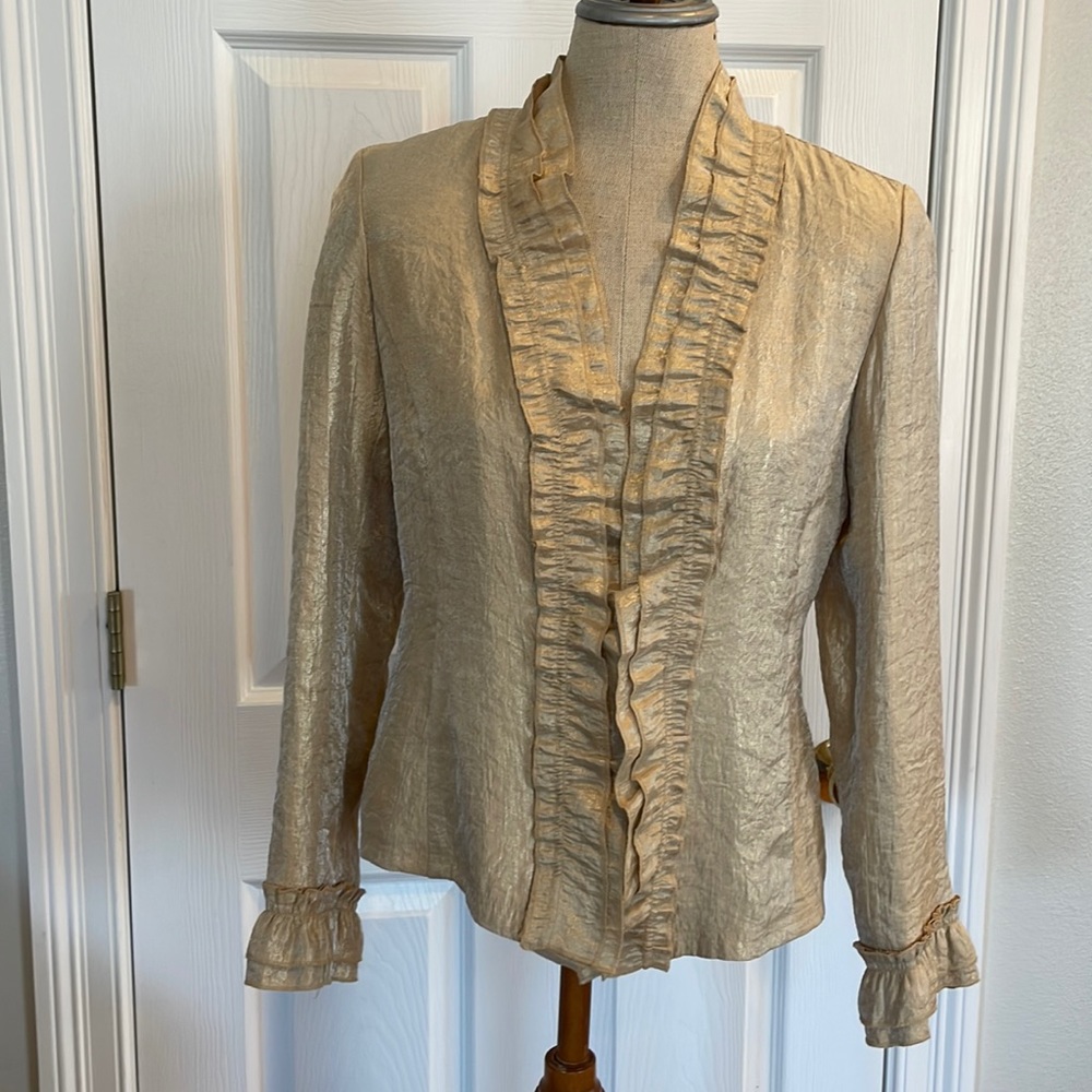 Rafael gold jacket ruffled blazer metallic, long sleeve top women’s size 6